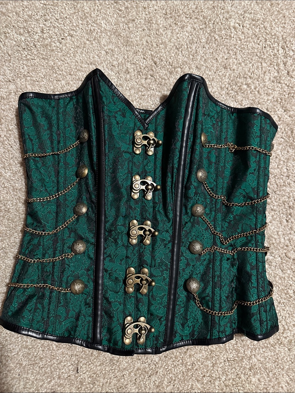 Emerald Green Brocade Corset Top with Antique Brass Accents